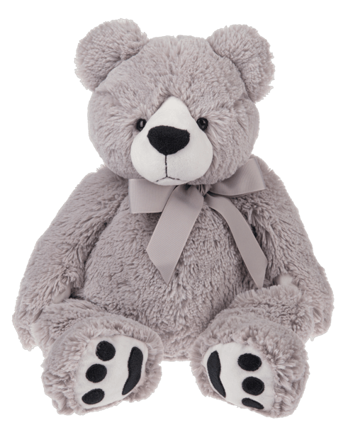 Gray teddy bear with a ribbon bow