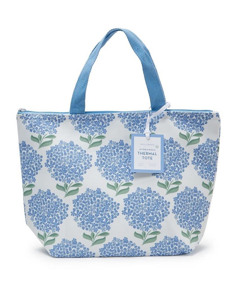 Blue hydrangea-patterned thermal tote bag with handles