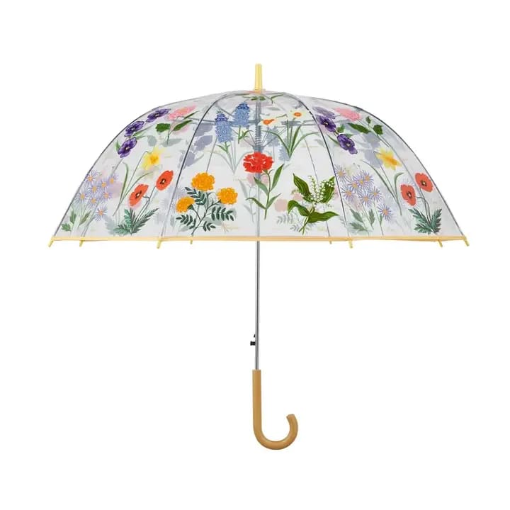 Garden Clean Umbrella  - Bright, garden-fresh florals pop across a clear dome canopy to turn soggy weather into a cheerful moment - a perfect get well or thinking of you gift. This flower arrangement-inspired umbrella reads like a portable bouquet, with mixed color blooms in red, yellow, purple, blue and orange that feel both playful and uplifting for thank you gestures, winter errands, or a thoughtful surprise any season.  The dome features a soft yellow trim and tip that neatly frame the illustrated flowers, plus a smooth wooden hook handle and slim metal shaft for classic, comfortable carry. Functional details include an auto open/close mechanism, snap strap closure, a 51" open diameter, and a compact 35" length when closed, making it easy to tuck into gift sets for Easter or Earth Day and simple to use for the person you're sending a bright, restorative moment to.
