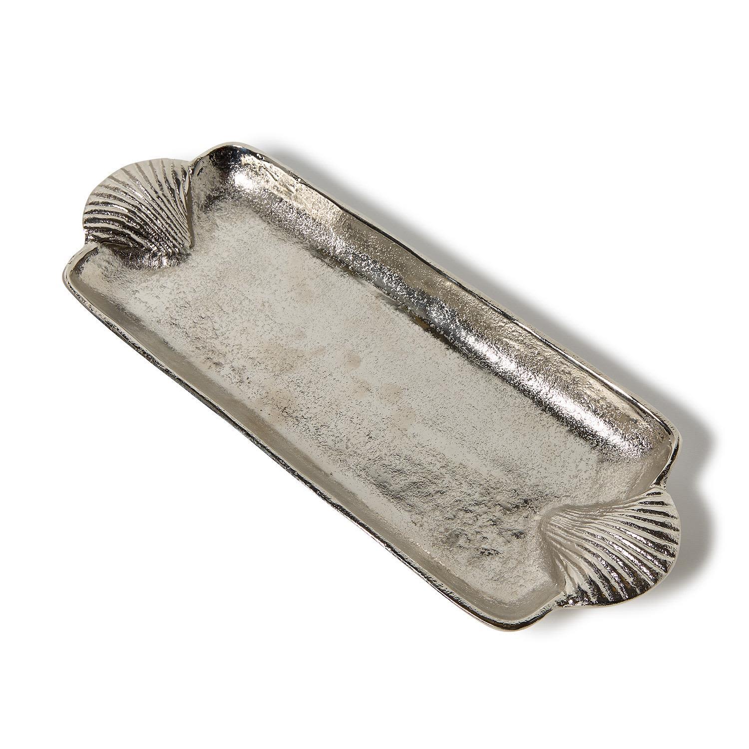 Shell Handled Silver Tray - Hammered silver metal serving tray with shell ends-elegant, vintage-inspired display piece perfect for entertaining, gifting, or seasonal table settings.