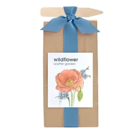 Wildflower Seed Kit - This delightful scatter garden kit of wildflowers is presented in a craft bag with an elegant blue ribbon and garden steak