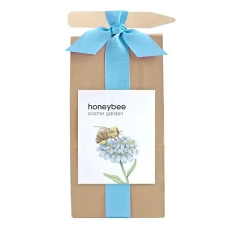 Scatter Garden Honey Be - This delightful little gift bag is filled with all the things honey bees like in the garden. In a craft bag with a baby blue ribbon this set makes the perfect gift.