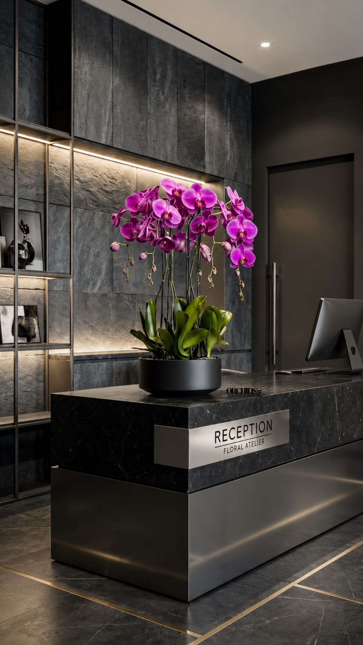 Purple Phalaenopsis Orchid – Same Day Orchid Delivery - A luxury Six Luxury Purple Phalaenopsis orchid Arrangement designed for gifting with a Black Vase 12” x 6”. We offer flower delivery, same day flower delivery, orchid delivery, and same day orchid delivery in Miami Dade Broward and Palm Beach.