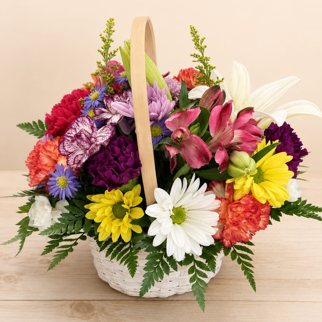 Mixed flower basket with daisies, carnations, lilies, and alstroemeria