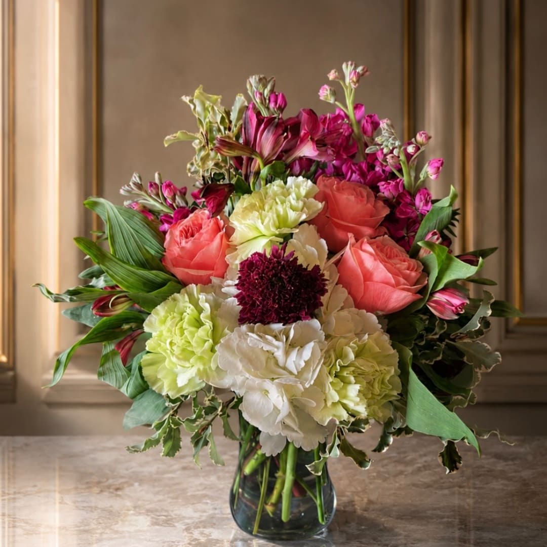 Mixed bouquet of pink roses and carnations in a glass vase