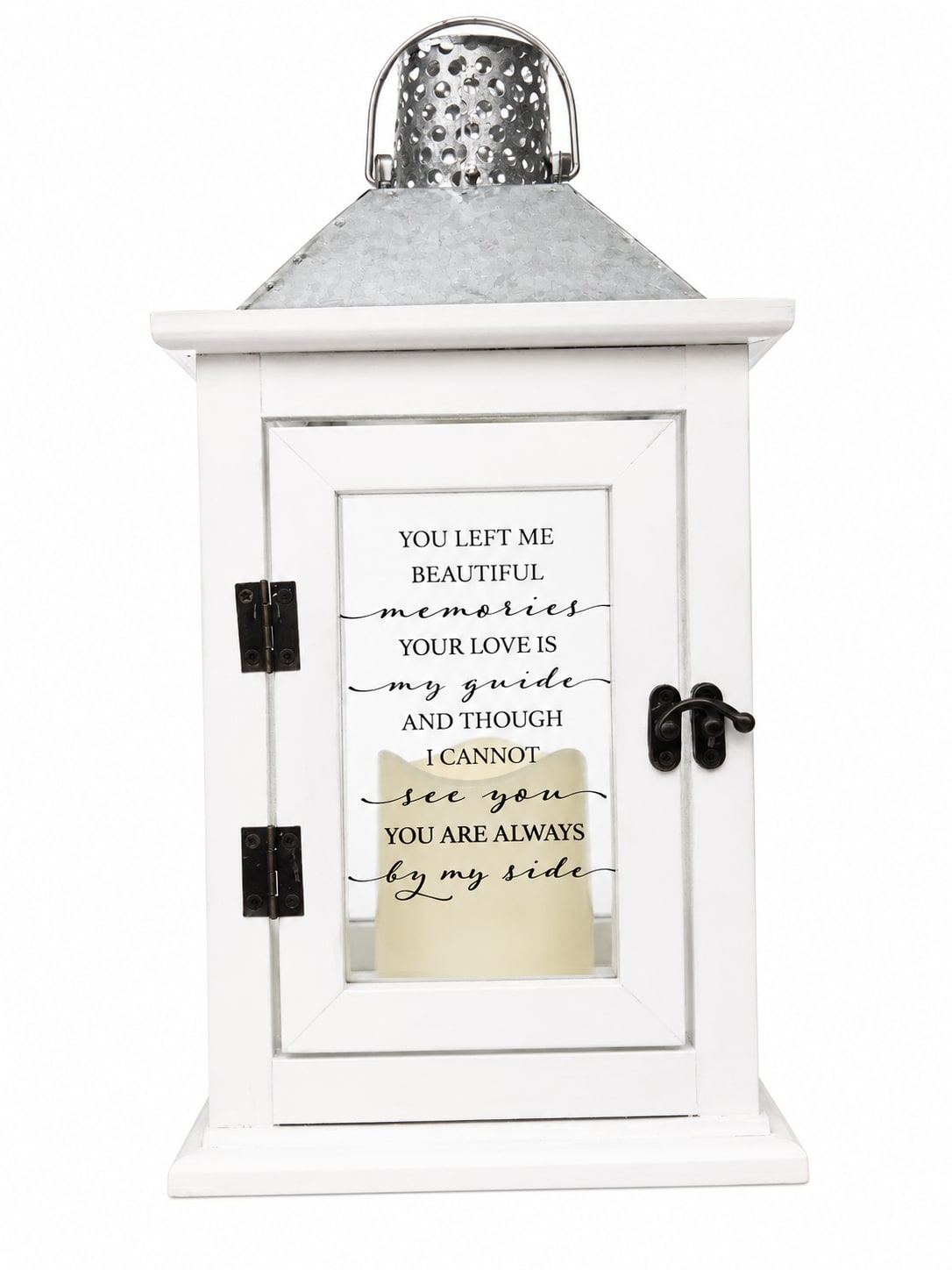 White memorial lantern with a printed sympathy message