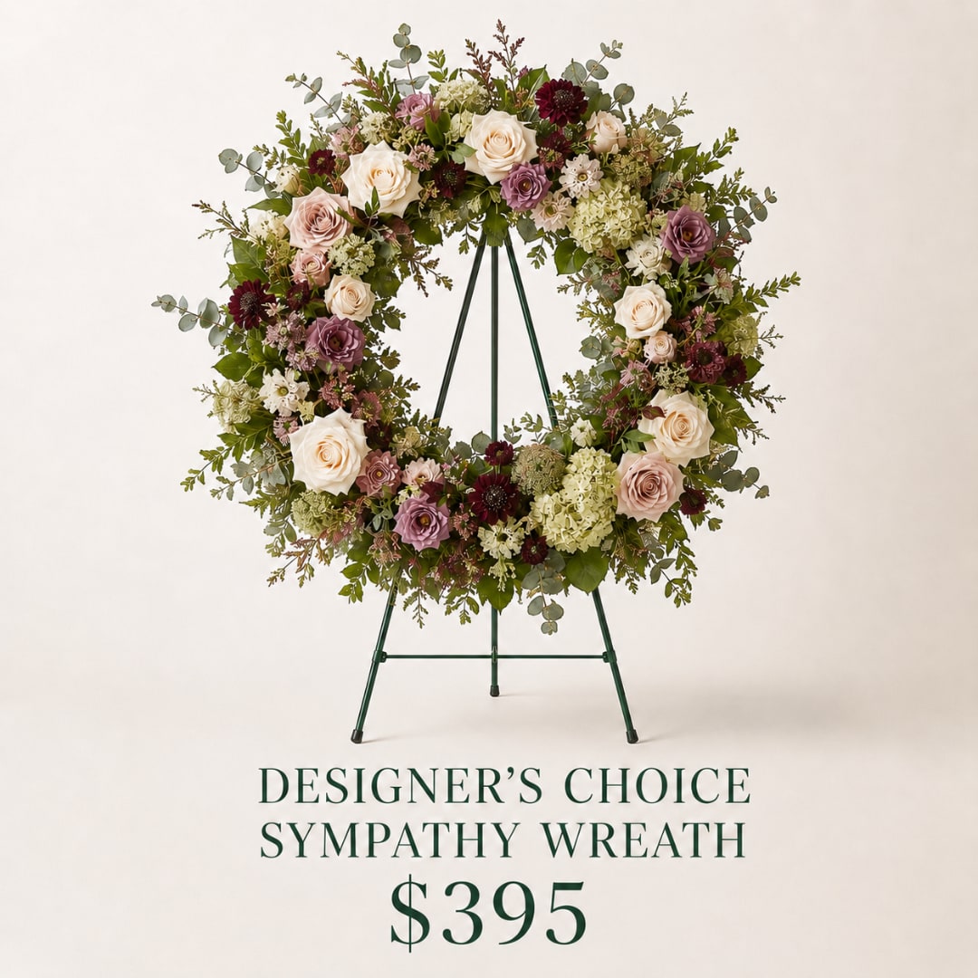 Floral sympathy wreath with roses and mixed blooms on a stand