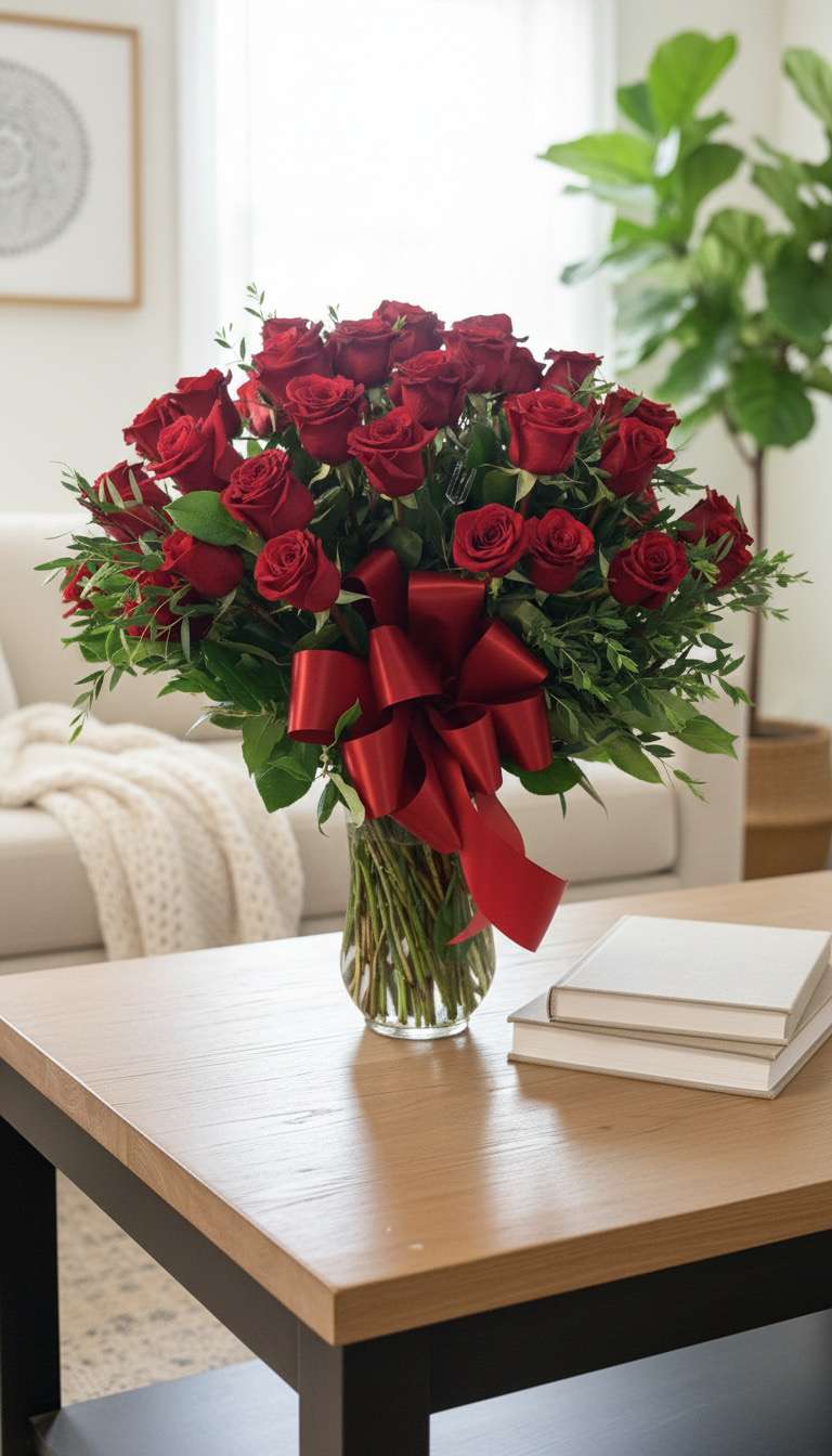 Red roses arranged in a clear glass vase with a red ribbon bow