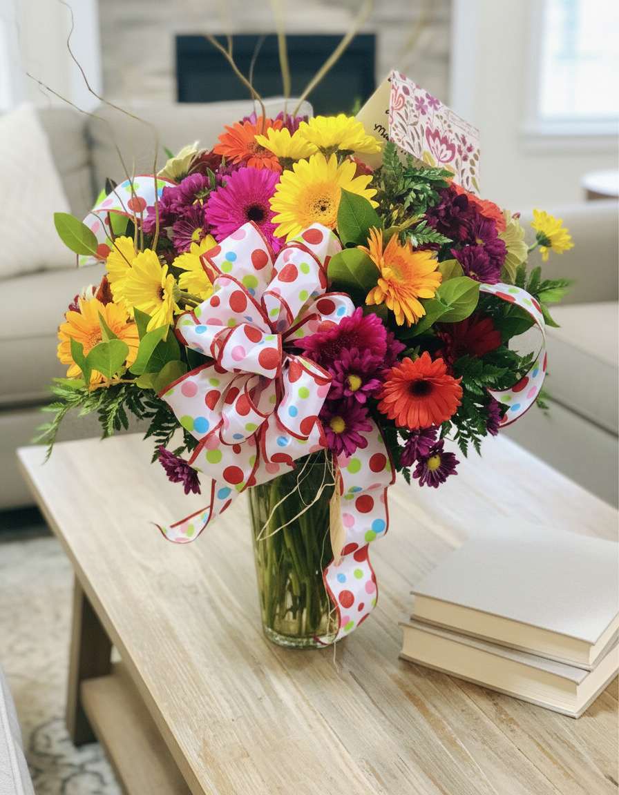 Colorful mixed flower bouquet in a glass vase with a polka-dot ribbon