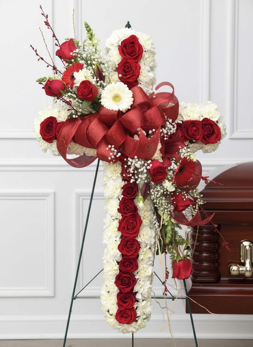 Cross-shaped floral tribute with red roses, white flowers, and a large red ribbon