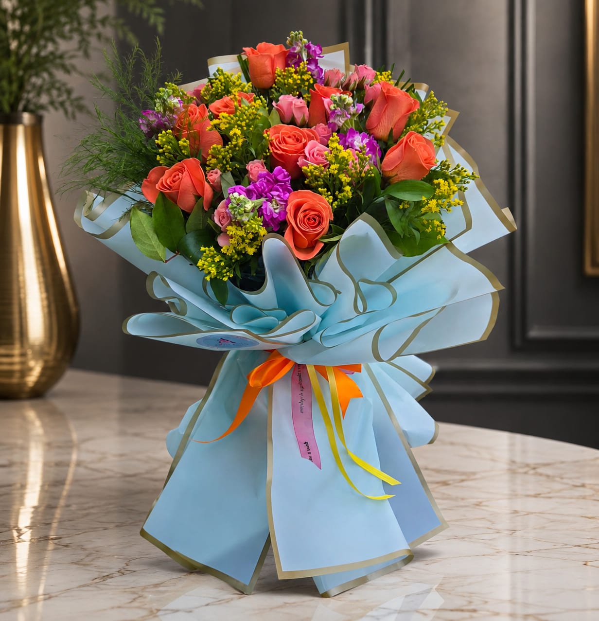 Bouquet of coral and pink roses with purple accents wrapped in blue paper