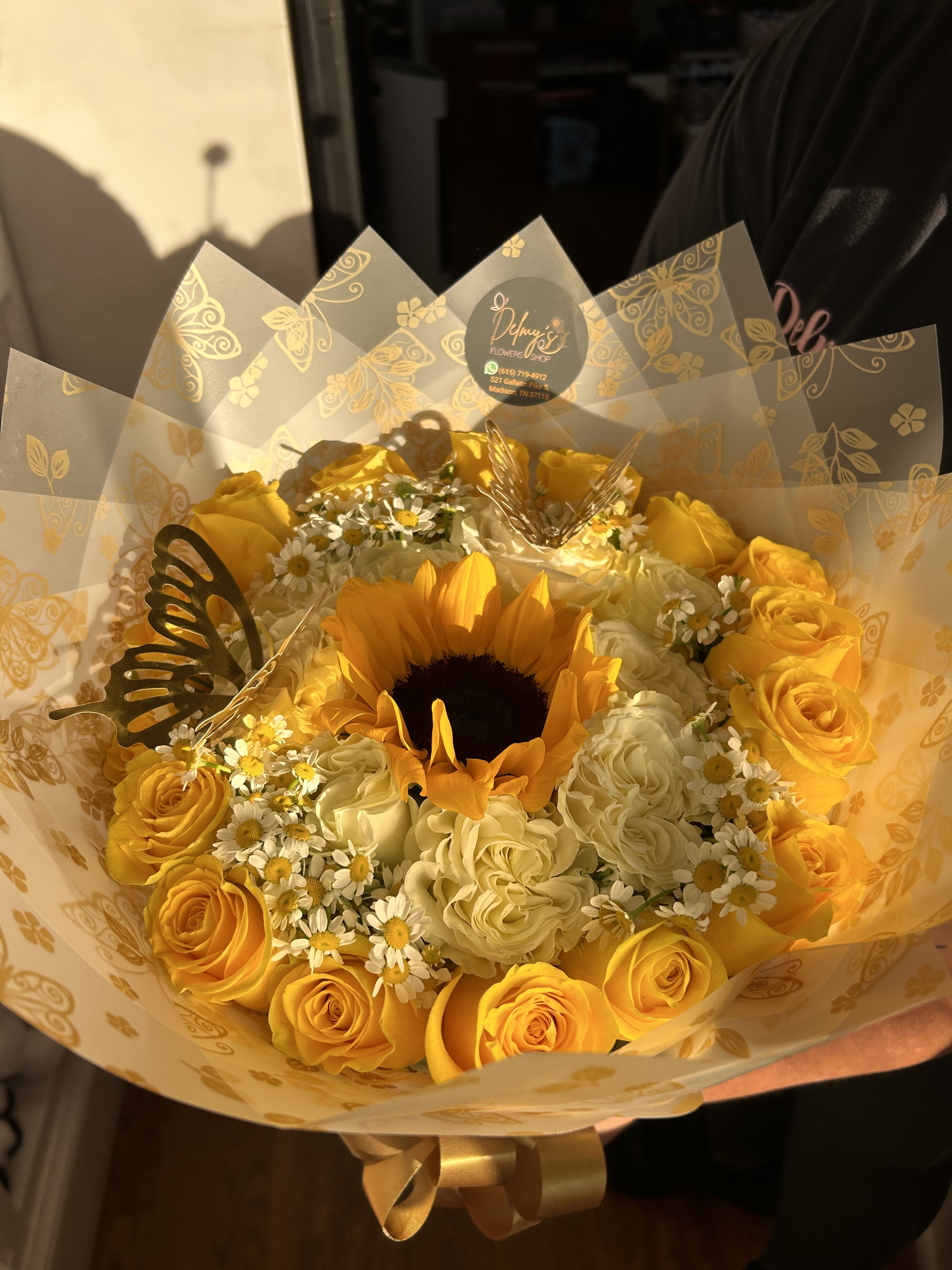 honey bee - beautiful wrapped bouquet off white and yellow roses with a sunflower and filler 