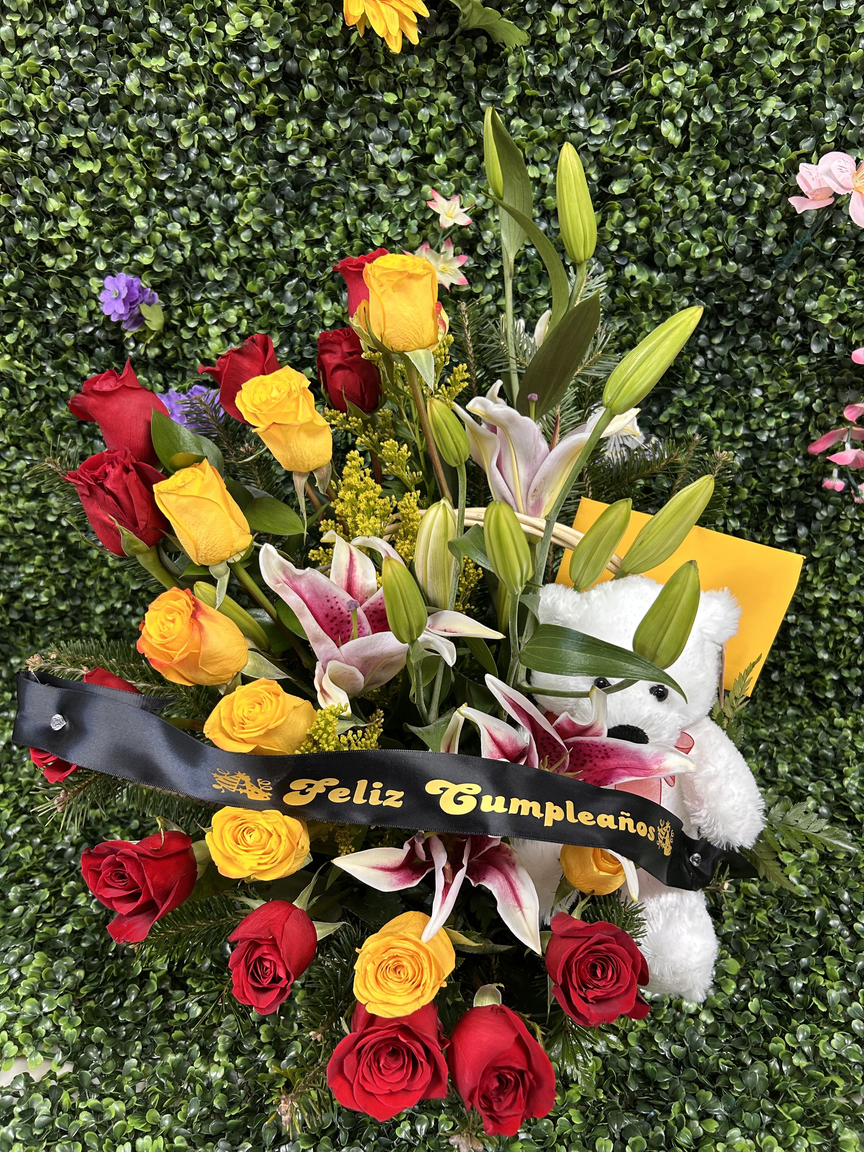 ROSYLILY - CUTE BIRTHDAY OR ANY OCASION ARRANGEMENT WITH ROSES LILIES AND A LITTLE TEDDY