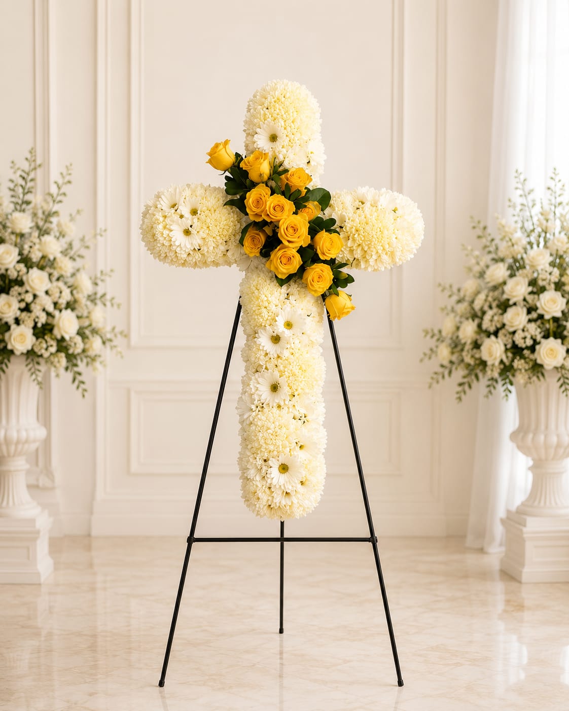 Peaceful yellow and white - This graceful floral cross is a radiant tribute of peace and hope, blending the purity of white blooms with the warmth of soft yellow. 