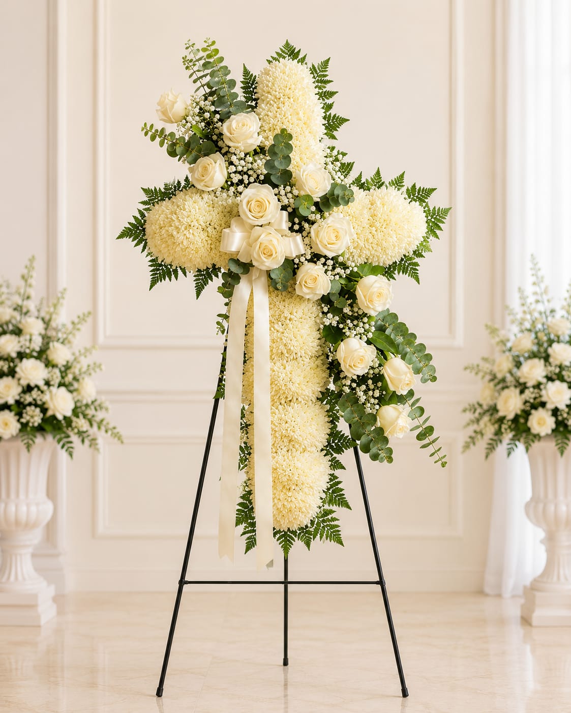 Peace &amp; Prayers White Standing Cross - Honor a lifetime of faithful devotion with our beautiful standing cross arrangement. Our expert florists handcraft each of these impressive displays with a bed of white flowers in the shape of a cross, and accent with a cascade of crisp white roses. It is a beautiful way to offer peace and comfort during a difficult time.