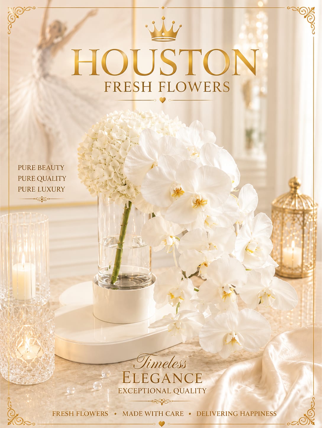 White orchid arrangement in a clear vase with a white hydrangea bloom