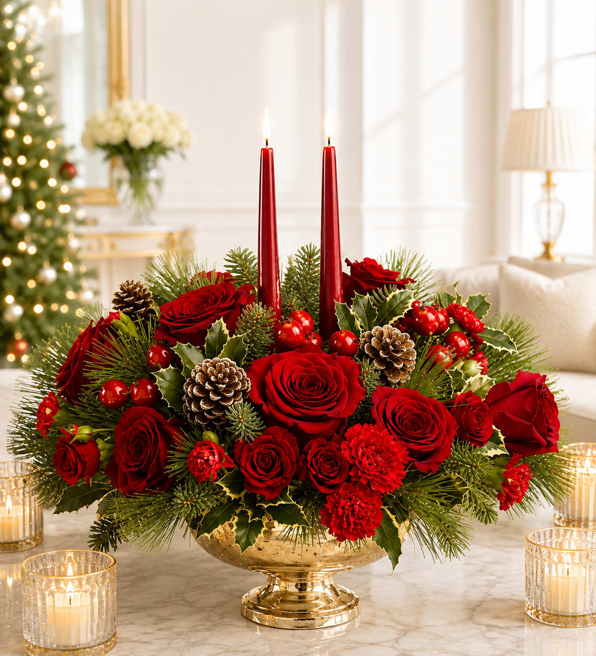 Red rose centerpiece with candles in a gold bowl