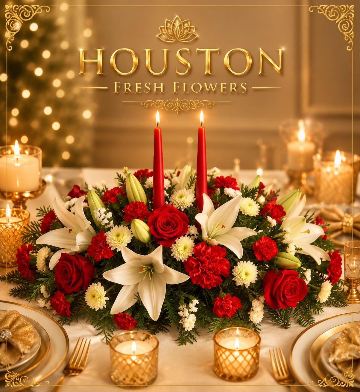 Red and white floral centerpiece with candles on a decorated table
