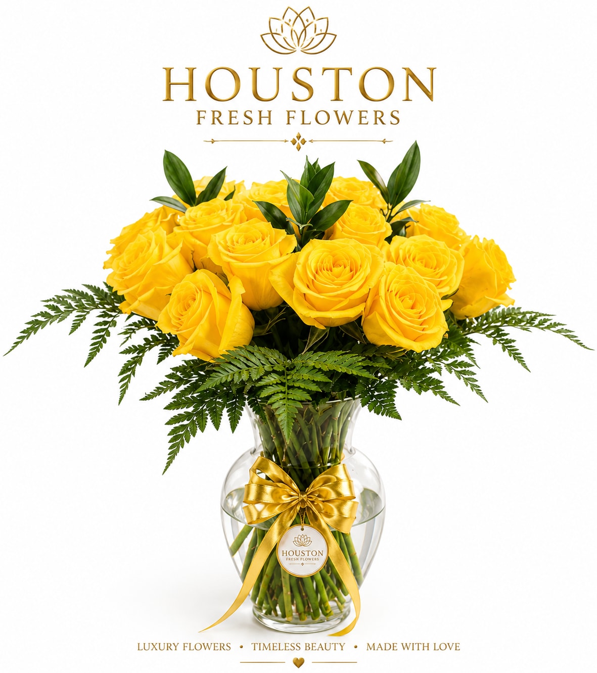 Yellow Roses with Greens - 1 Dozen- Standard Bouquet 2 Dozen- Deluxe Bouquet 3 Dozen- Premium Bouquet A radiant expression of warmth and joy, this bouquet features yellow roses that gleam like golden sunlight, their soft, velvety petals unfolding with effortless charm. Surrounding the roses, the lush leather leaf adds a touch of richness and texture, its dark, glossy surface contrasting beautifully with the softness of the blooms. The delicate greenery enhances the nature beauty, its varied shades shades of green creating depth and harmony, like a serene garden basking in the light.