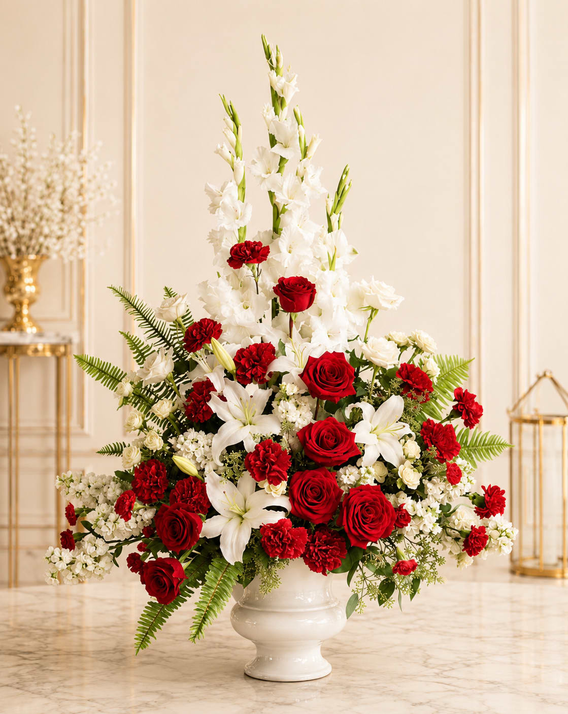 Beauty in the air  - A stately and heartfelt expression of remembrance, the Eternal Honor Tribute stands as a powerful symbol of love and respect. Pure white lilies and gladiolus create a graceful, upward movement- representing the soul's peaceful ascent- while deep red roses bring the weight and sincerity of enduring love. Accents of lush greenery and soft filler flowers give the piece volume, balance, and quit elegance.  Designed in a classic pedestal vase, this arrangement offers a timeless presence vase, this arrangement offers a timeless presence at any funeral or memorial service. It conveys compassion, reverence, and a profound message: their legacy lives on in every heart they touched. 