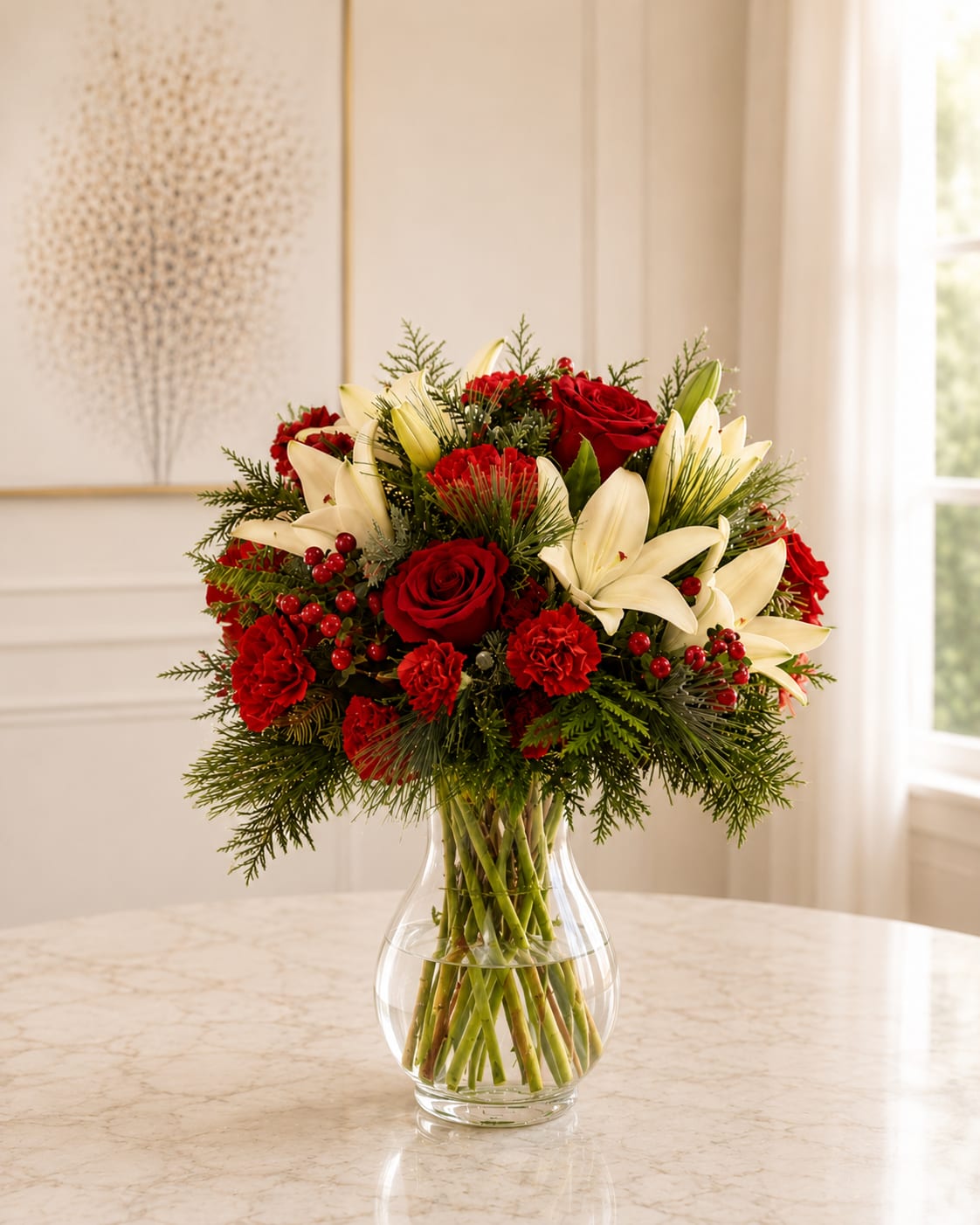 Red roses and white lilies arranged in a clear glass vase