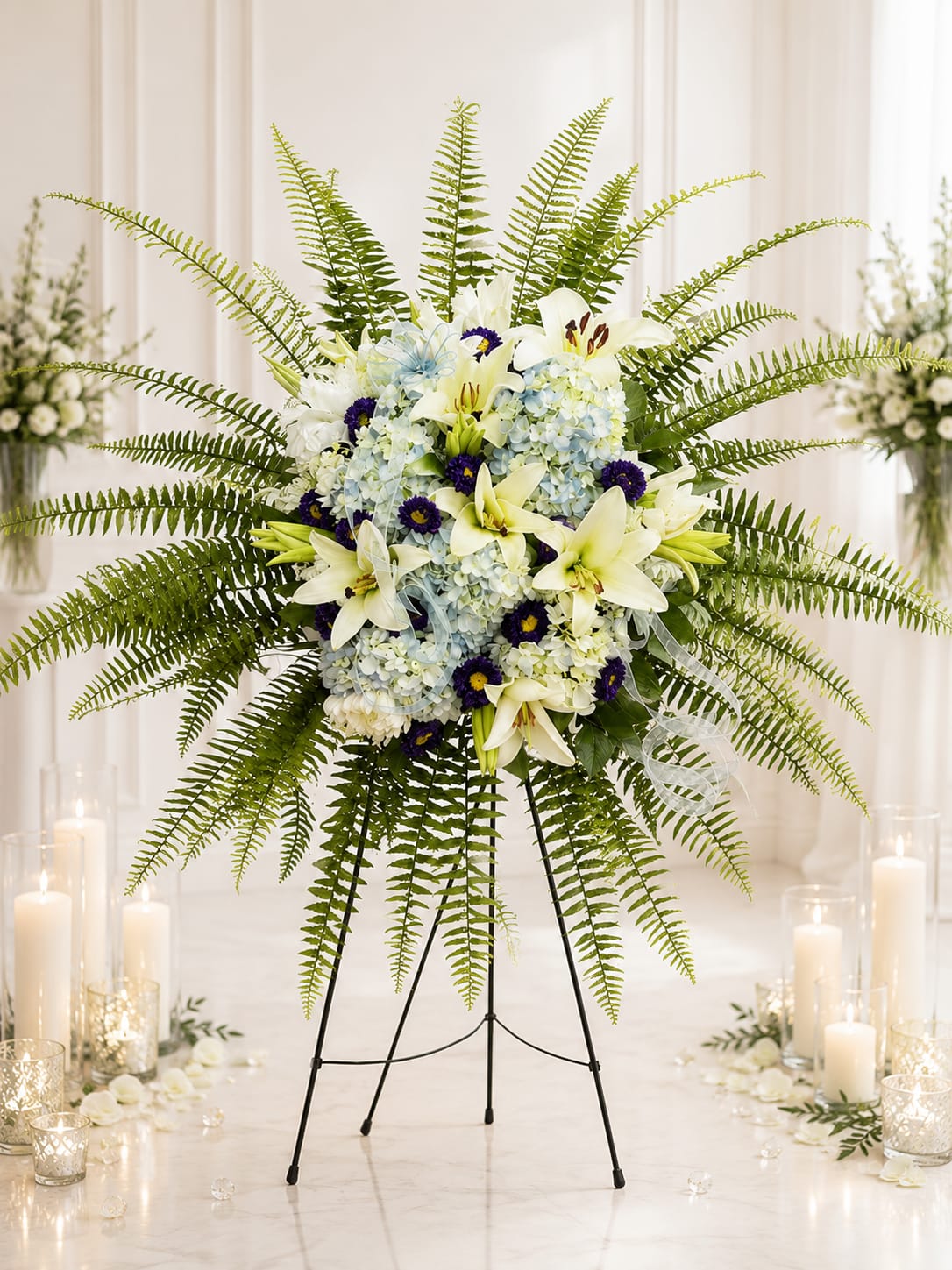 Large standing floral spray with white lilies, blue hydrangeas, and ferns