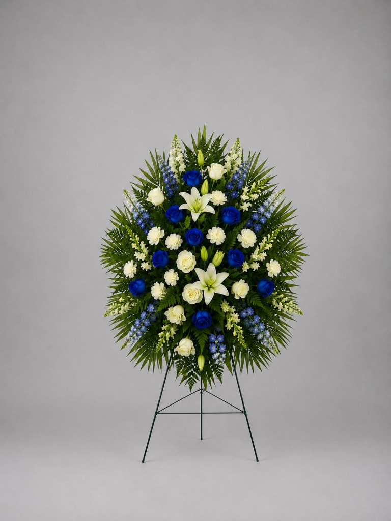 Standing funeral spray with blue and white flowers on an easel