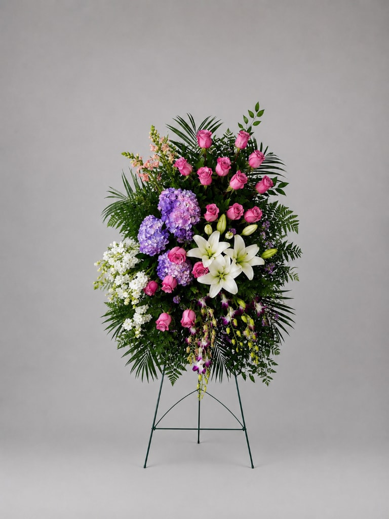 Standing floral spray with pink roses, white lilies, and purple hydrangeas