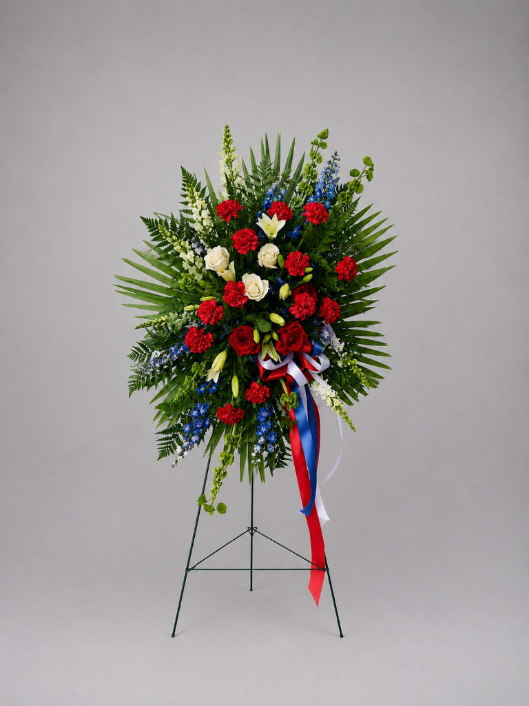 Standing floral wreath with red, white, and blue flowers on an easel
