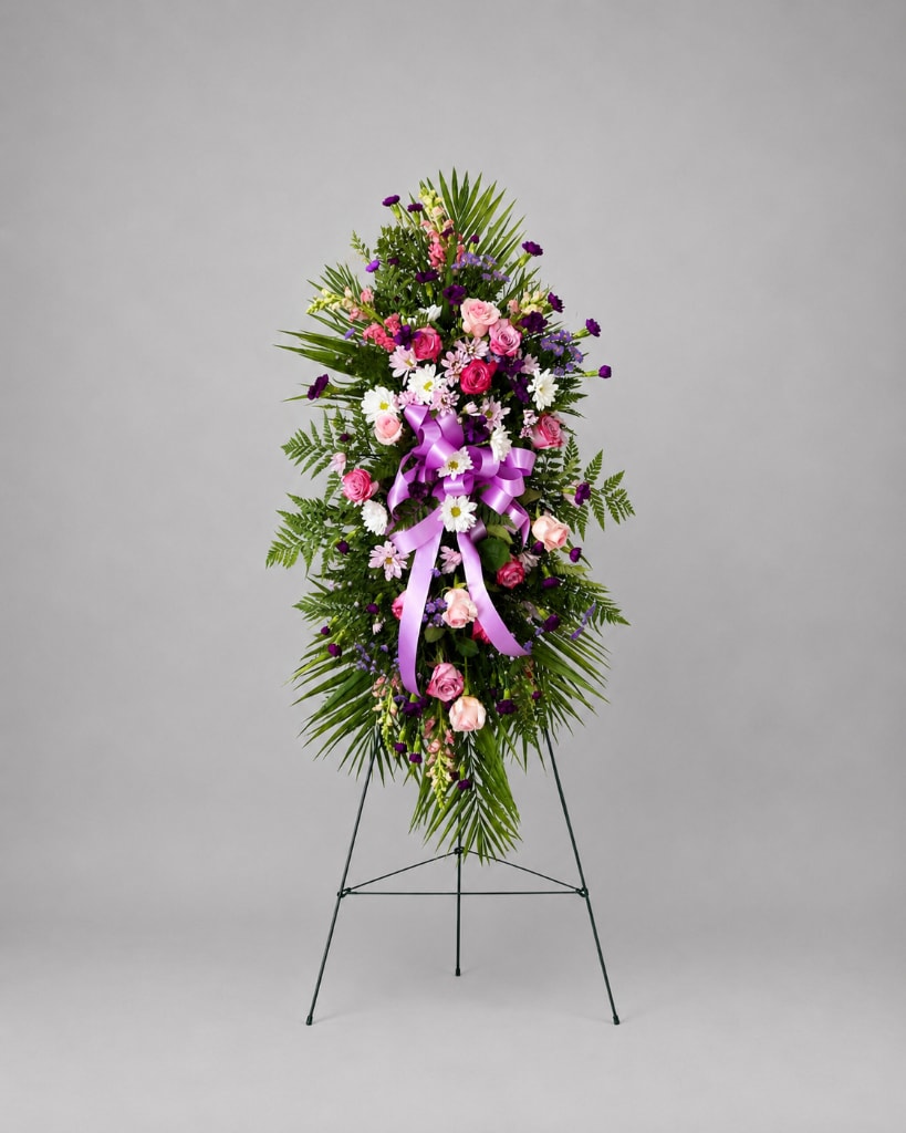 Standing floral spray with pink and purple flowers on a metal easel