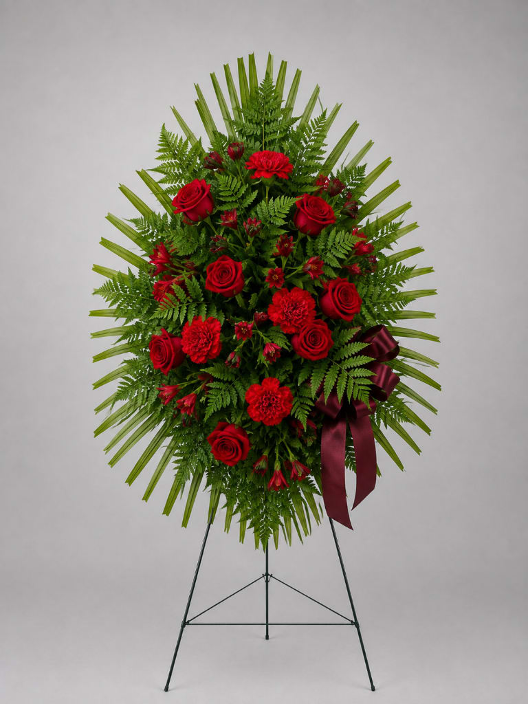 Standing floral wreath of red roses and carnations on an easel with a burgundy ribbon