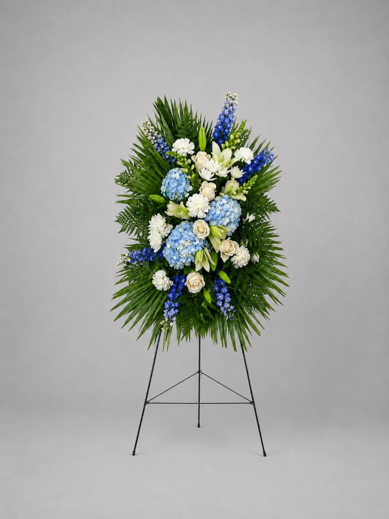 Standing floral wreath with blue and white flowers on an easel