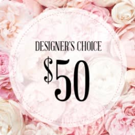 Pink and white roses with a "Designer’s Choice $50" label