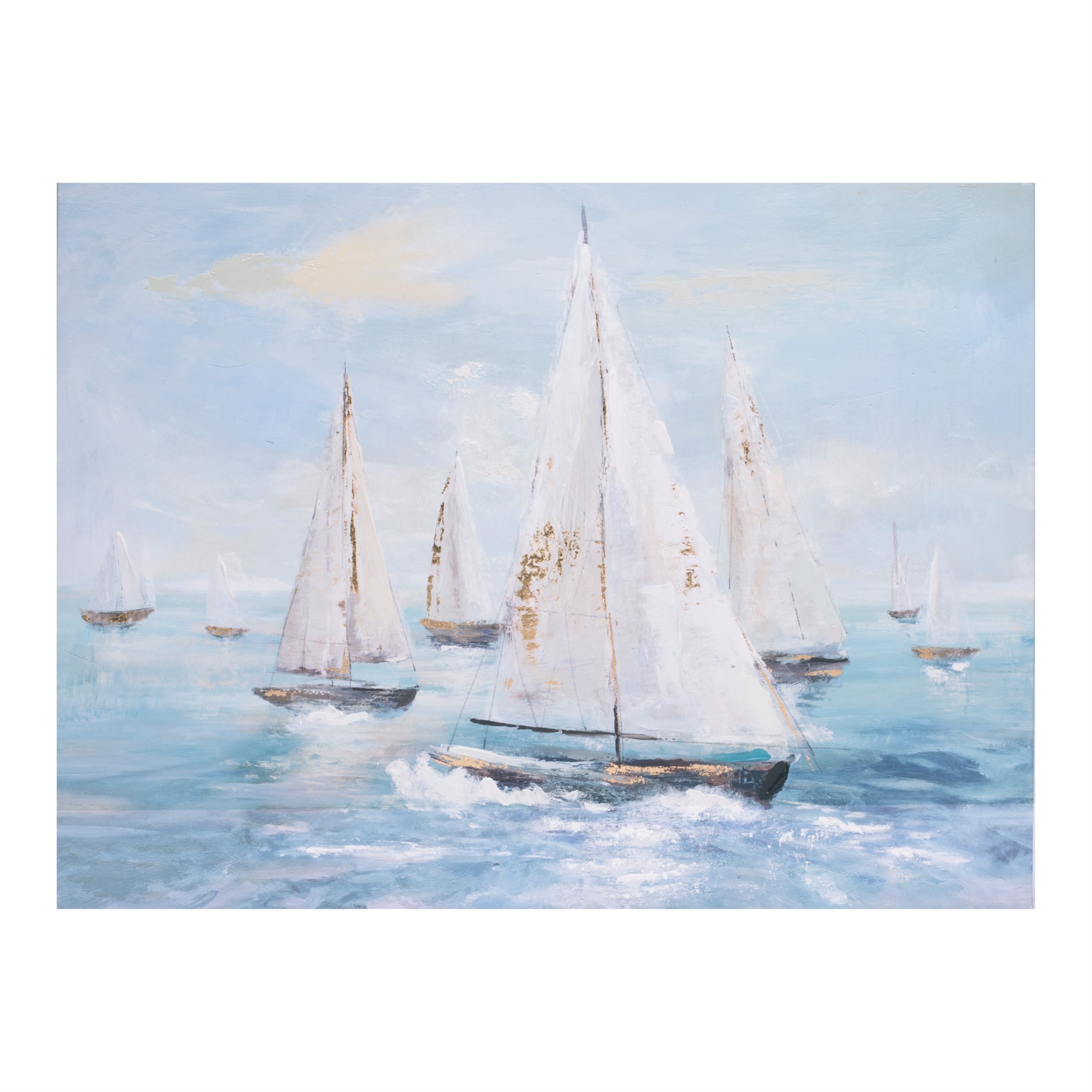 Painting of white sailboats on a blue sea