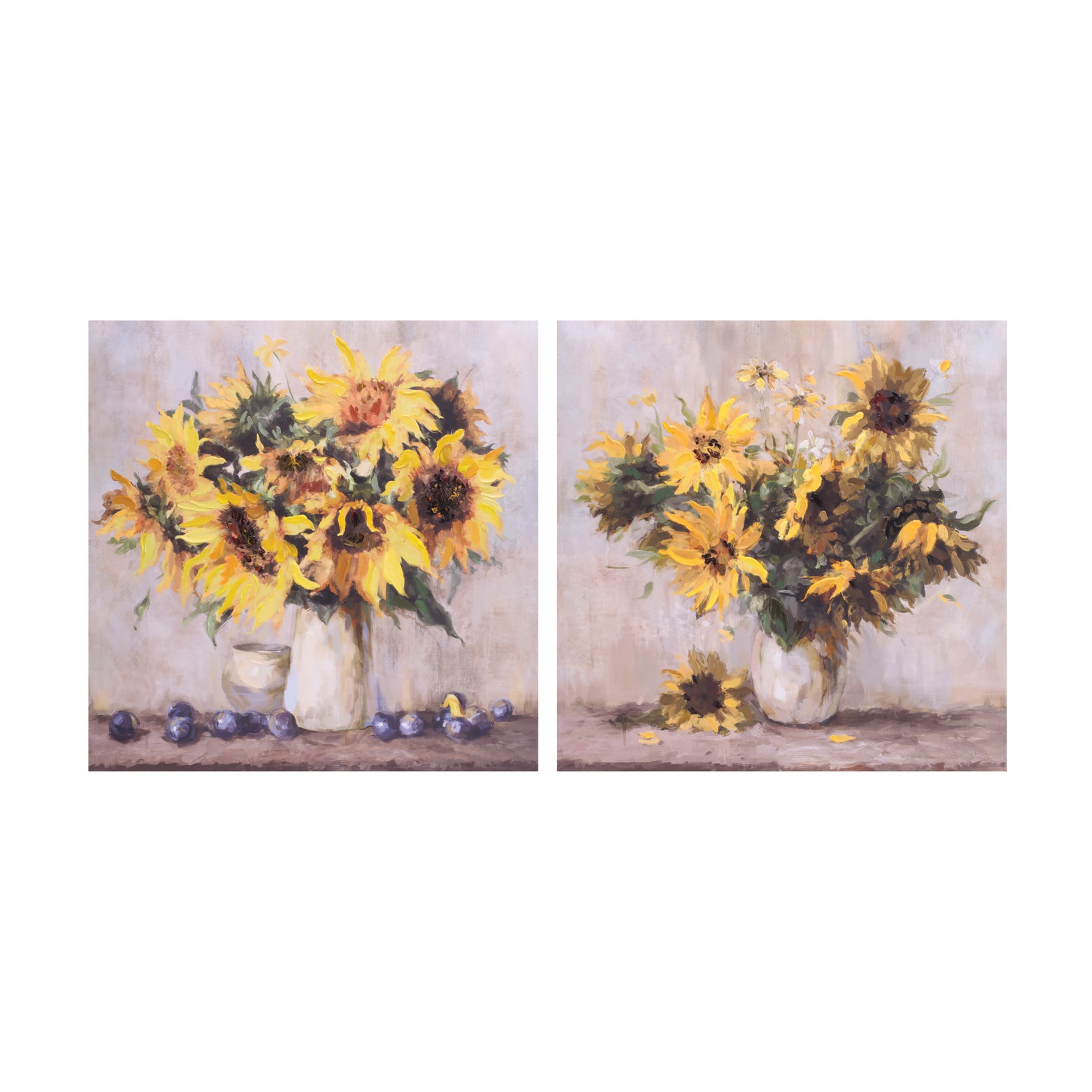 Two paintings of sunflower bouquets in white vases