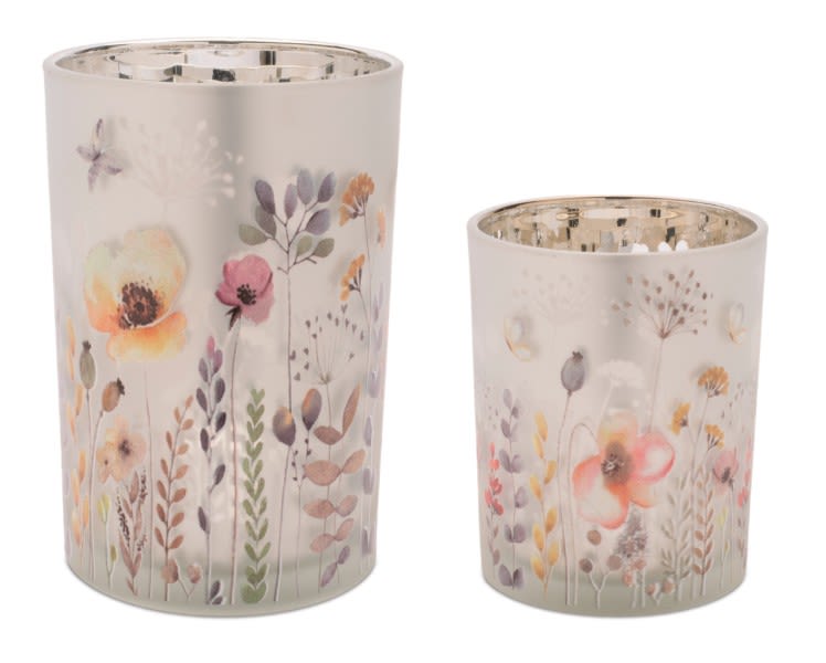 Floral Print Candle Holder Vase - Set of two cylindrical glass candle holders (two heights) with pastel watercolor wildflower bands. Priced separately.   Vases are silver toned mercury glass look glass.