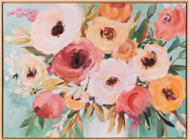Garden Roses - This painting features a lively bouquet of loosely rendered flowers in soft, romantic tones. Cream, blush, coral, and golden blooms with deep, expressive centers are layered against a light, airy background of pale blue and green. The brushwork is fluid and impressionistic, giving the arrangement a sense of movement and freshness. Accents of leafy greens and warm ochre foliage frame the blossoms, creating a balanced yet spontaneous garden-inspired composition that feels both modern and timeless.   Shipping is a separate charge via UPS or FEDEX