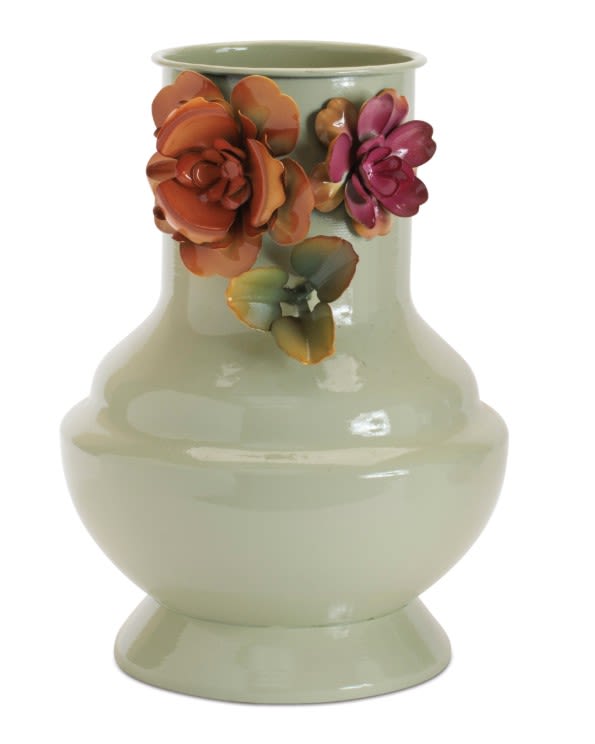 Autumn Bloom Keepsake Vase - Autumn Bloom Keepsake Vase  This enameled metal vase features a soft, muted sage-green finish with a smooth, glossy surface. Its classic silhouette—rounded body, gently tapered neck, and flared lip—offers a timeless, sturdy elegance. What sets it apart are the dimensional floral accents encircling the neck: hand-formed blossoms in warm autumn tones of burnt orange, deep rose, and dusty plum, with subtle green leaves. The raised flowers add texture and charm, giving the piece a handcrafted, vintage-inspired feel that beautifully bridges rustic warmth and refined design. Separate fee for shipping via UPS or FEDEX