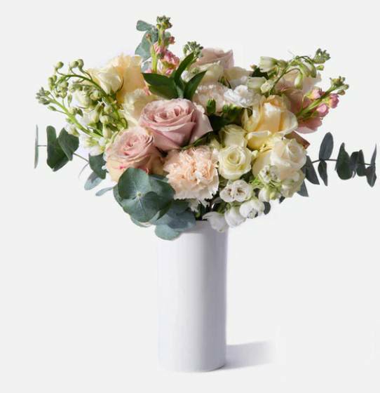 Blushing Garden Whisper by Art and Flowers - This arrangement features a soft, romantic palette of blush pinks, creamy whites, and pale peach tones, creating an airy and elegant feel. Garden roses take center stage, surrounded by delicate spray roses, ruffled carnations, and hints of lisianthus. Light, wispy filler flowers and seeded eucalyptus add texture and movement, giving the design a natural, loosely gathered garden style. The blooms are arranged in a smooth white cylinder vase, enhancing the clean, modern presentation while allowing the gentle colors to shine.  