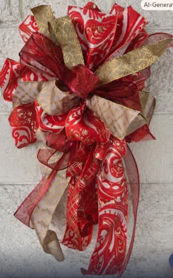 Decorative red, gold, and cream ribbon bow