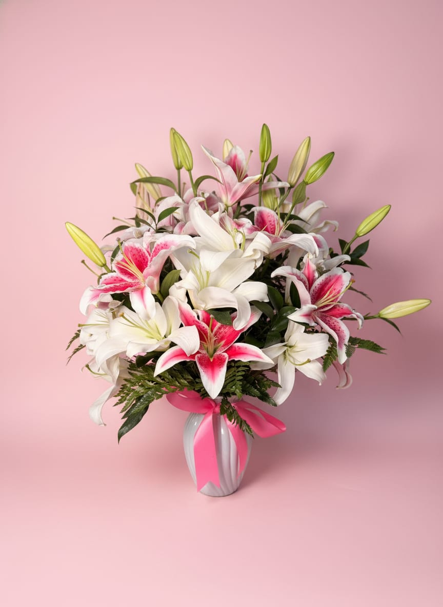 Lover Girl  - A cloud of pink-and-white lilies makes an immediate, romantic impression-perfect as a birthday bouquet, anniversary arrangement, or Mother's Day gift. The arrangement's rounded silhouette puts creamy white lilies at the heart with brighter pink-speckled lilies framing the edges, so the person you're thinking of will feel celebrated by both soft elegance and joyful color.  Whether you're marking a milestone or sending a cheerful "thinking of you," this bouquet reads as thoughtful and feminine-the kind of gift that makes someone feel truly seen. Vase and ribbon included; lilies arrive ready to display and enjoy.
