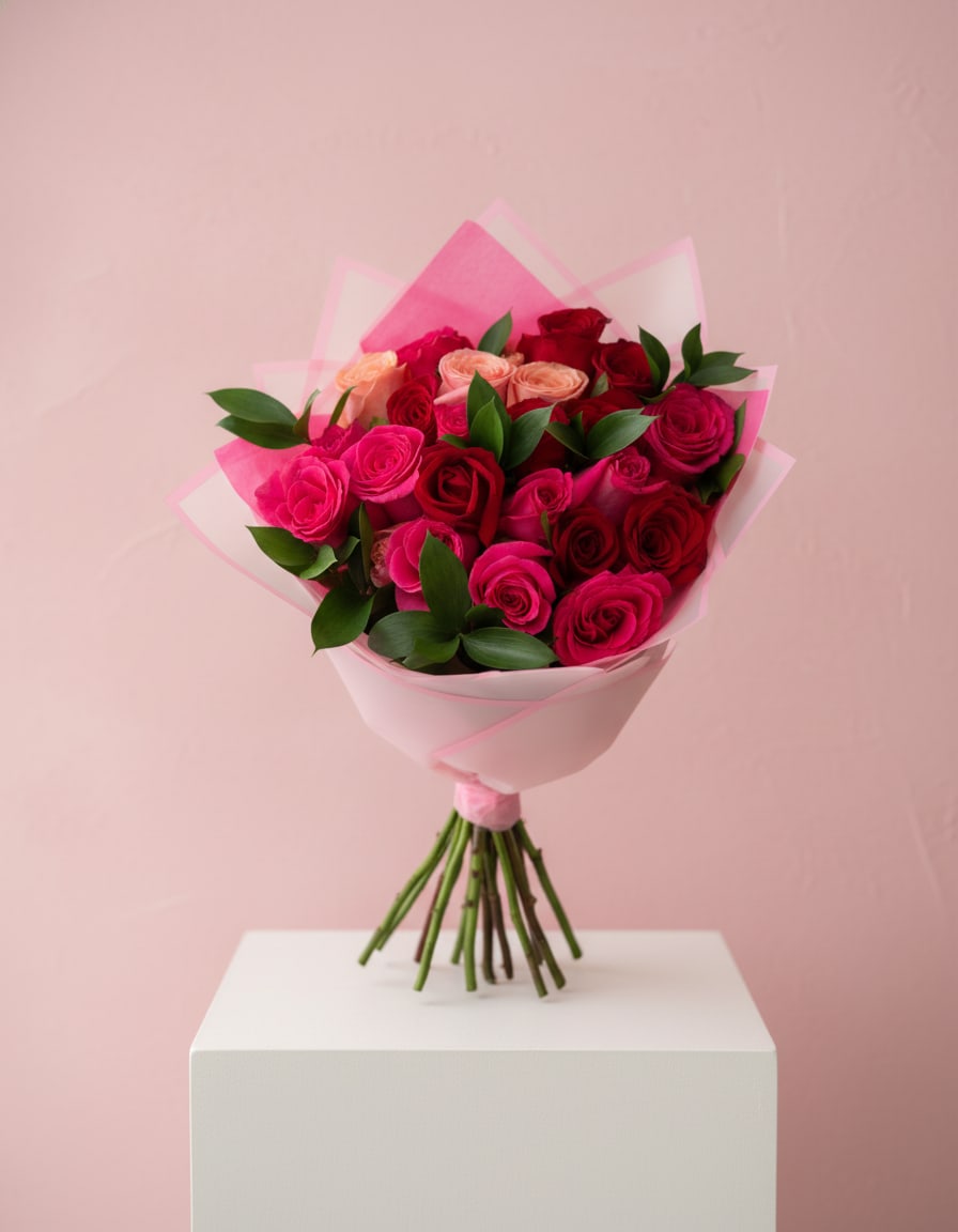 Rose Romance - A lush mix of pink, red and soft peach roses creates an immediately romantic impact-perfect as a birthday bouquet or anniversary roses for the one you love. This Rose Romance flower arrangement is designed for romantic gifting and special occasions, sending a message of affection and celebration the moment she opens it.  Choose this arrangement for anniversaries, Valentine's Day, or the celebratory moment when you want her to feel truly cherished; it reads as both joyful and intimate. Care is simple: keep stems in fresh water, recut if needed, and remove any foliage below the waterline to extend bloom life-available in the hand-tied style shown for easy delivery and immediate display.