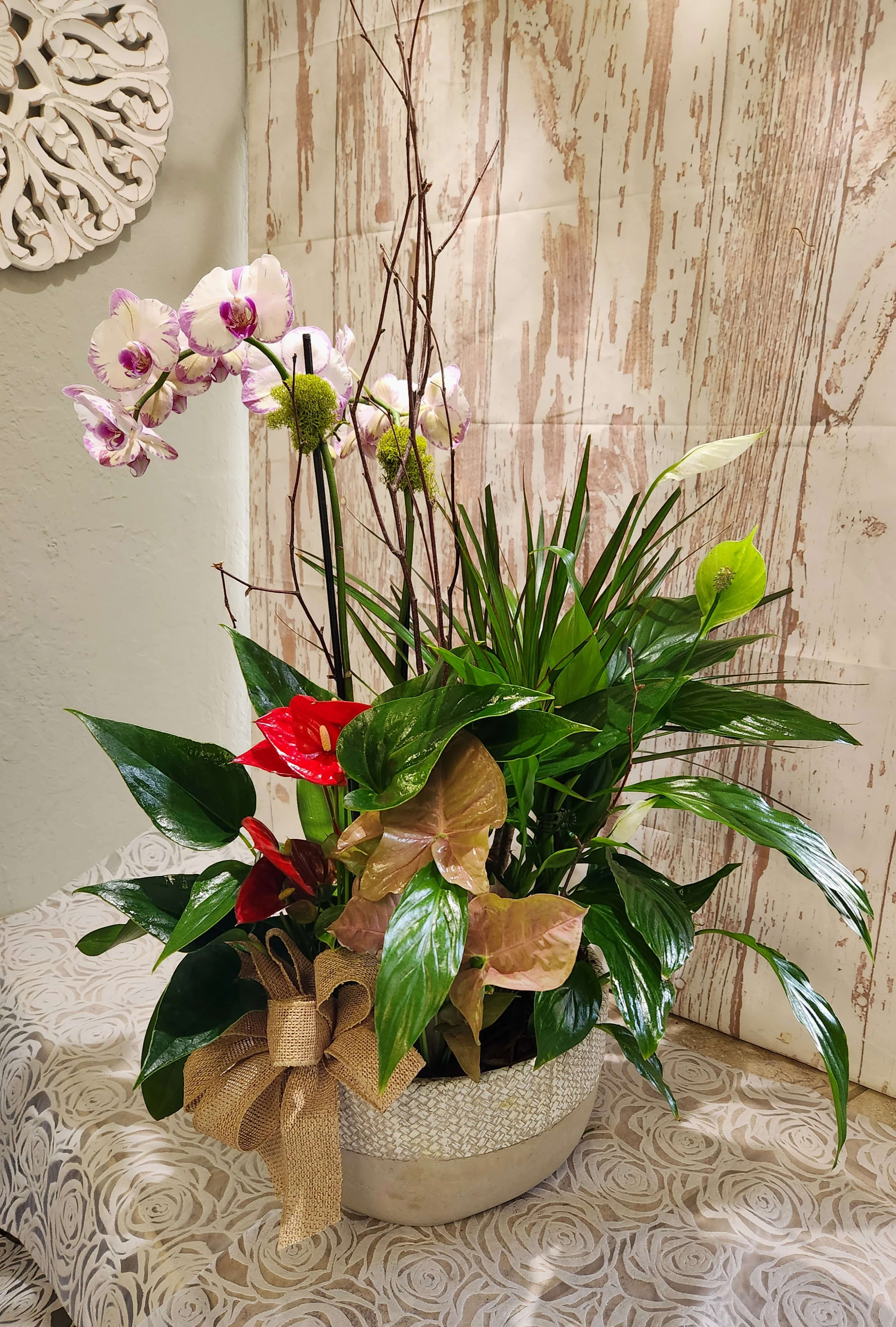 Tropical plant arrangement with orchids and red anthuriums in a woven pot