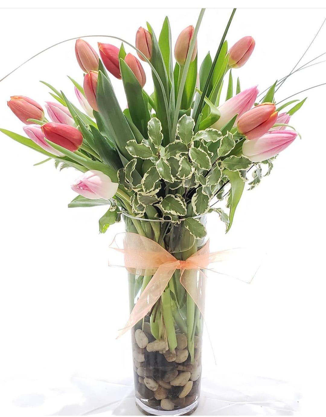 Pink tulips arranged in a tall glass vase with a ribbon
