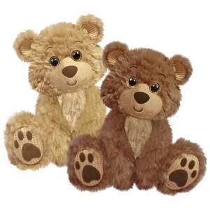 Two plush teddy bears sitting side by side on a white background
