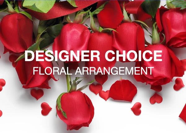 Red roses with heart decorations and designer choice text