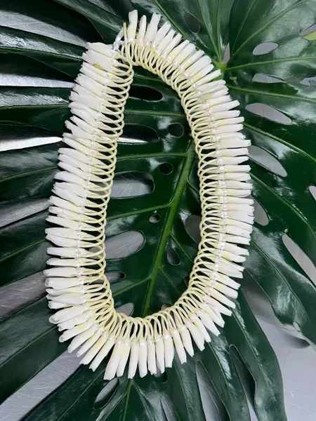 White floral lei on a large green leaf