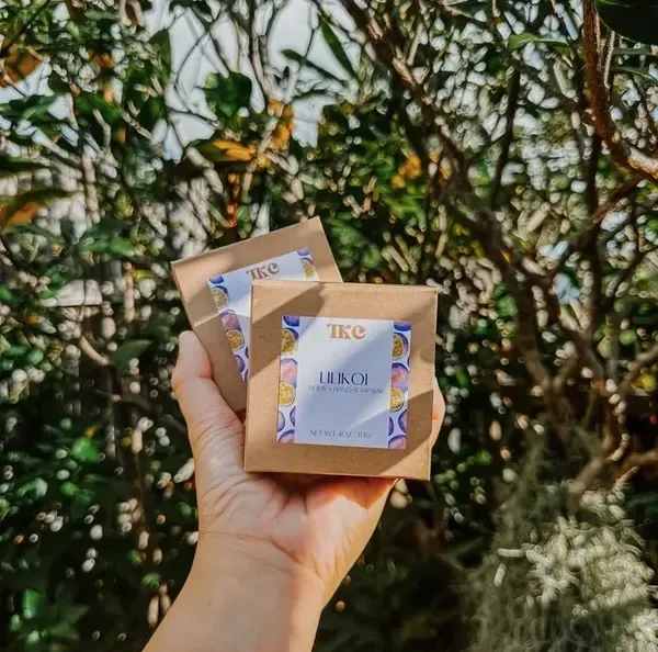 Hand holding two small brown boxes with labels in front of trees
