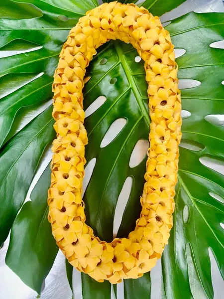 Yellow flower lei on large green leaves