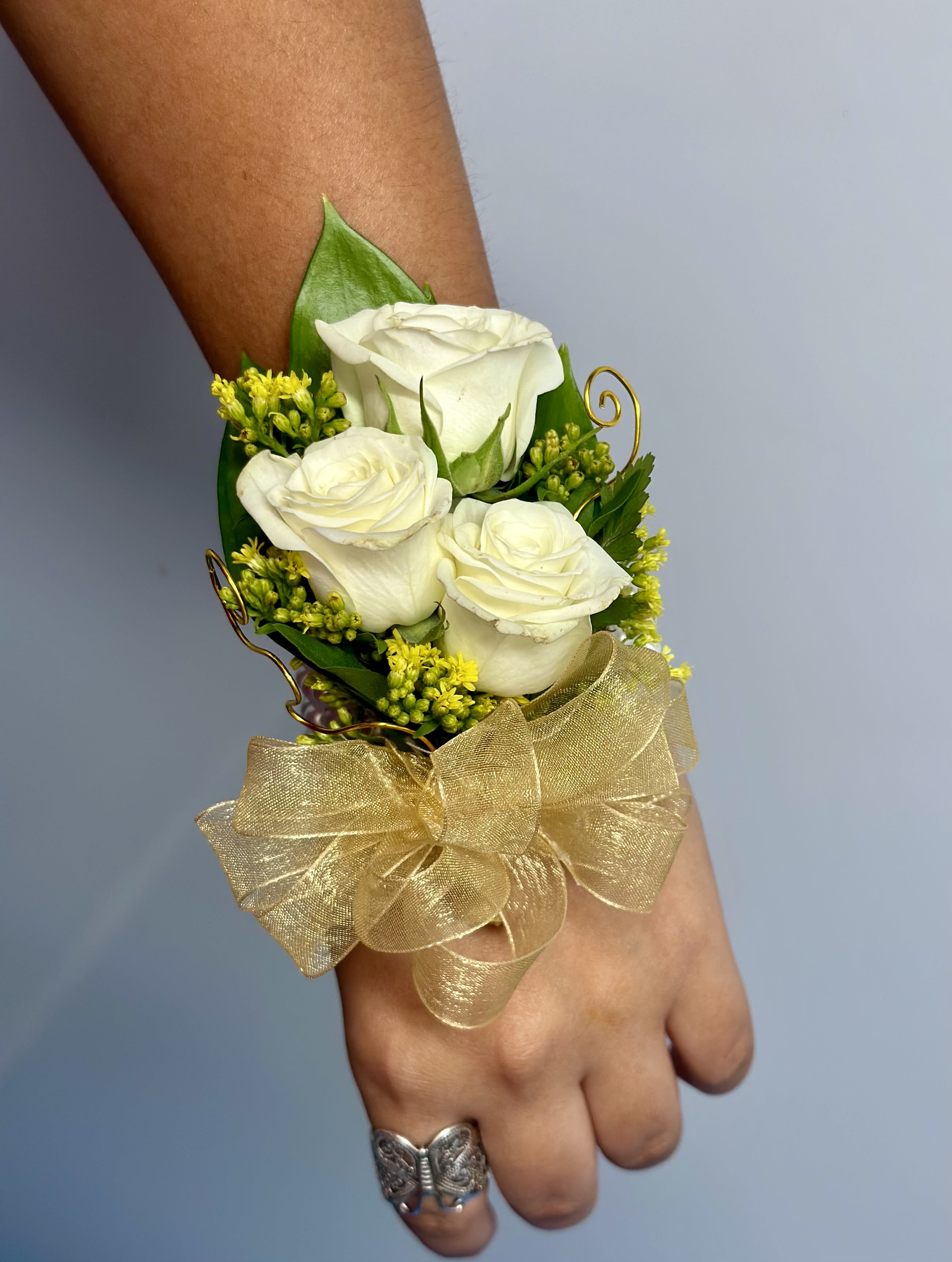Lia Corsage - Lia Corsage made with white spray roses solidago and gold accent on a white pearls bracelet perfect for wedding, birthday and prom.